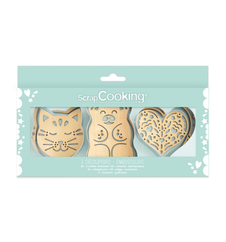Scrapcooking Coffret 3 Découpoirs Inox + 3 Embosseurs Bois