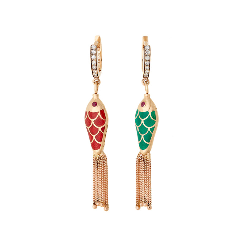 selim mouzannar Fish For Love Boucle d'oreille Rouge Rouille & VertDiamants - Rubis
