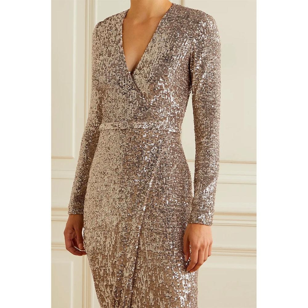 Semsem Belted Wrap-effect Sequined Stretch-tulle Gown