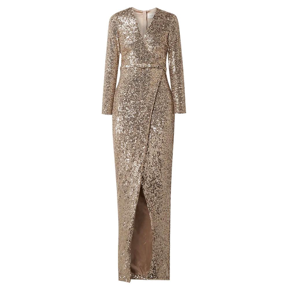 semsem Belted wrap-effect sequined stretch-tulle gown