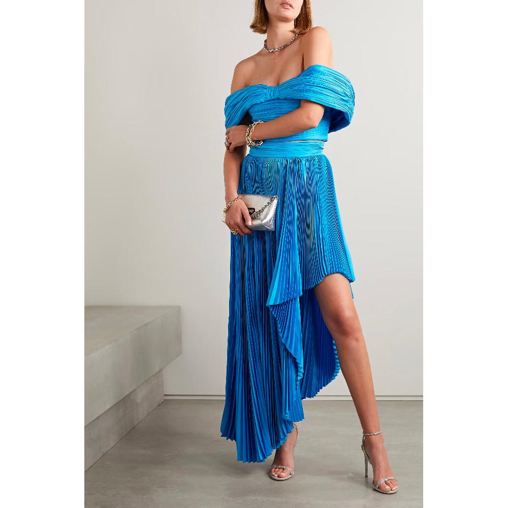 Semsem Draped Asymmetric Plissé Silk-Charmeuse Maxi Skirt