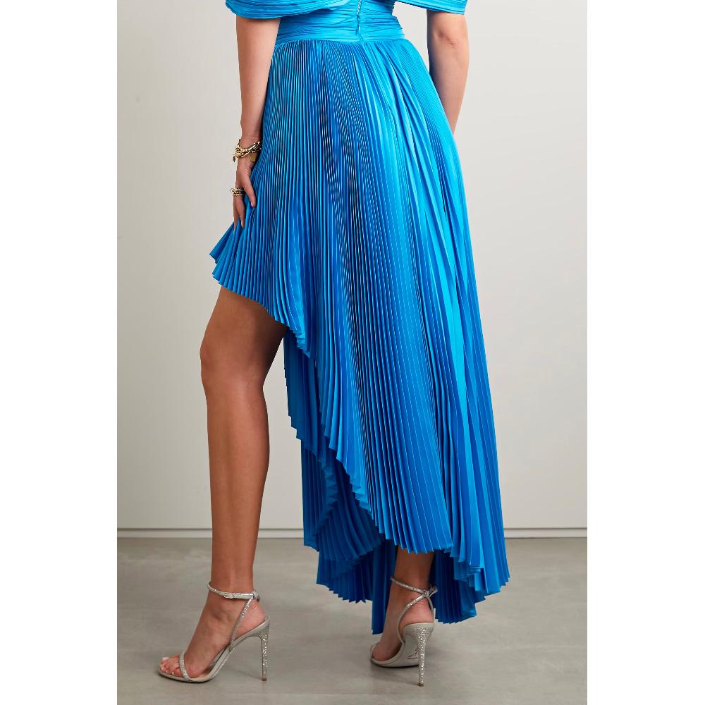 Semsem Draped Asymmetric Plissé Silk-Charmeuse Maxi Skirt