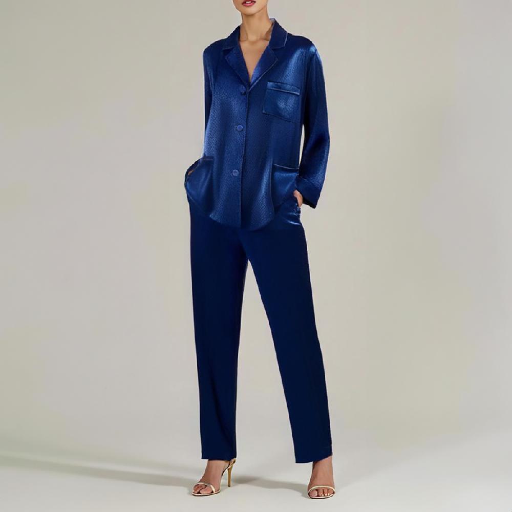 Semsem Hammered Silk Pajama Top With Satin Binding - Navy