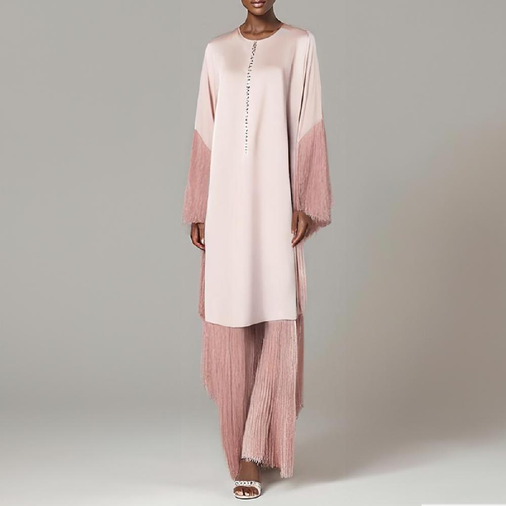 Semsem Kaftan With Fringe Detail And Crystal Buttons - Misty Rose
