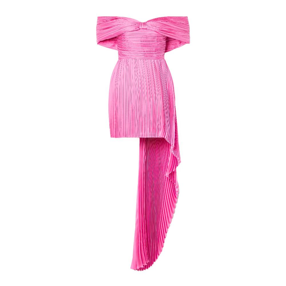 semsem Off-the-shoulder asymmetric plissé silk-charmeuse mini dress