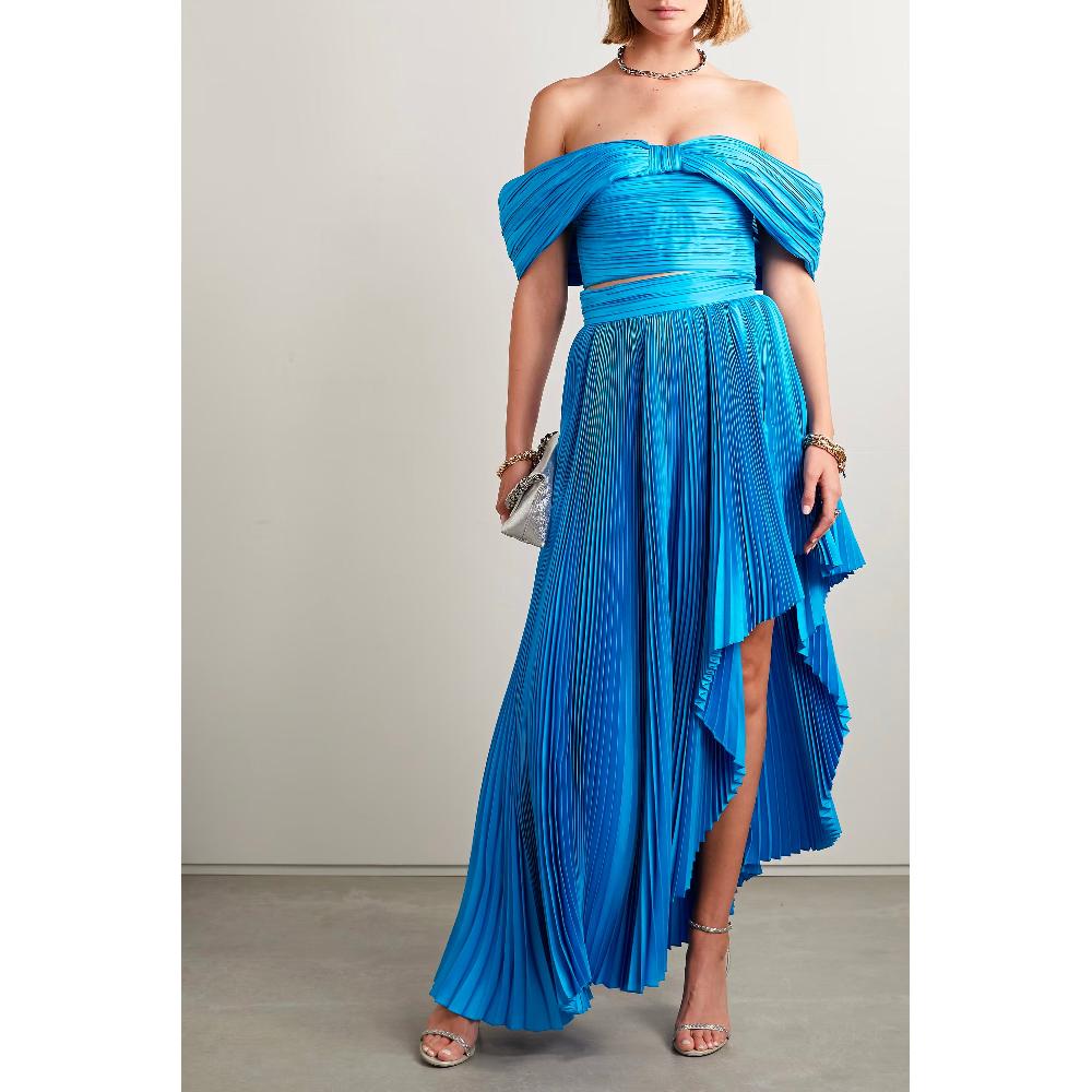 Semsem Off-The-Shoulder Plissé Silk-Charmeuse Bustier Top