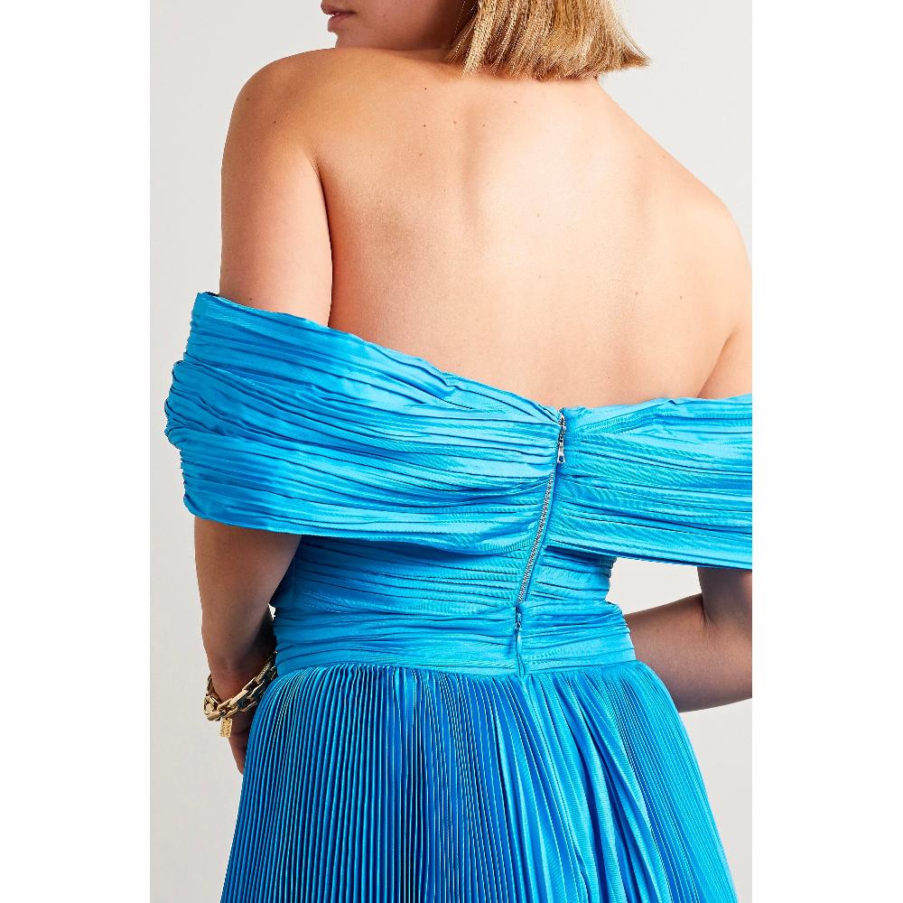 Semsem Off-The-Shoulder Plissé Silk-Charmeuse Bustier Top
