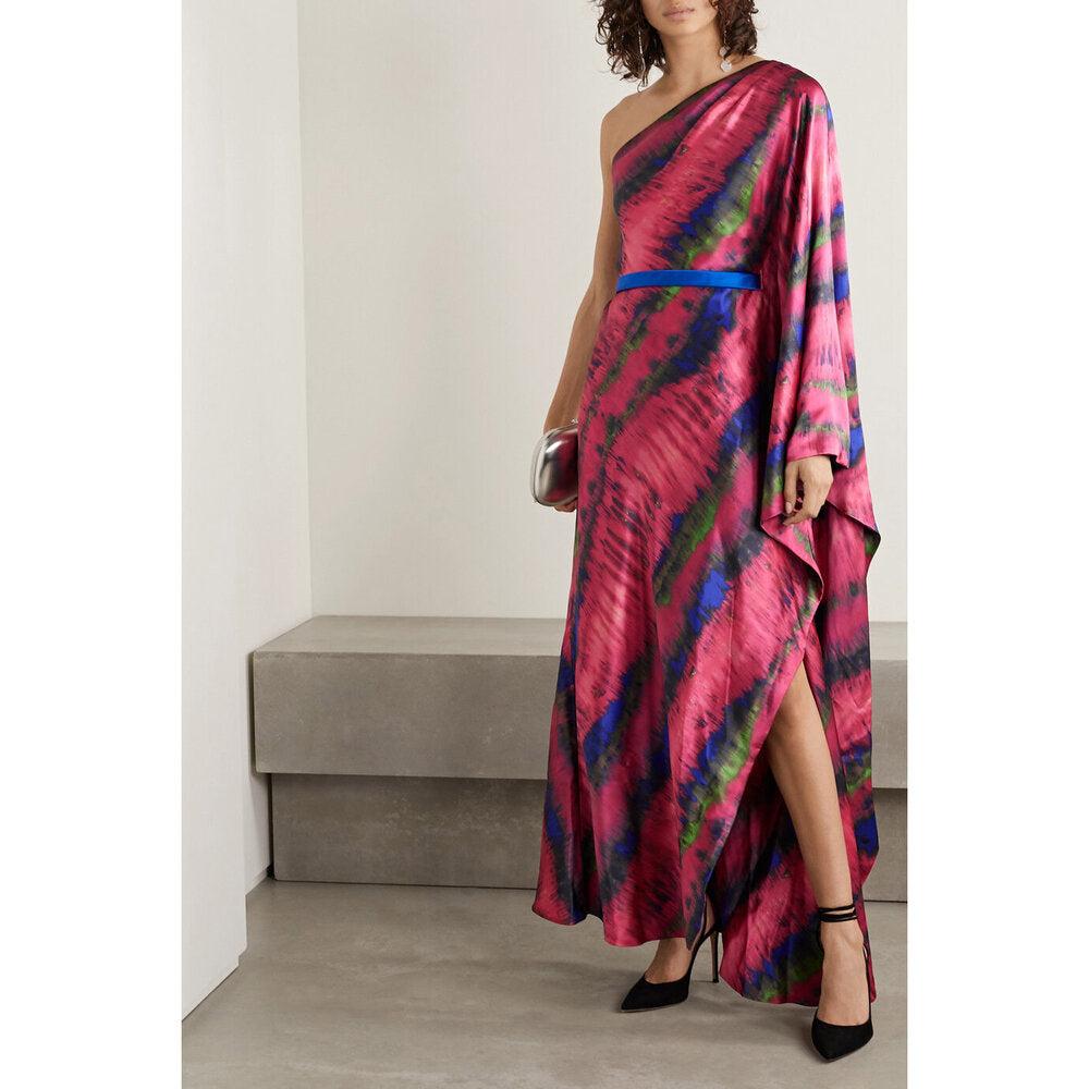 Semsem One-Shoulder Draped Tie-Dyed Silk-Satin Maxi Dress