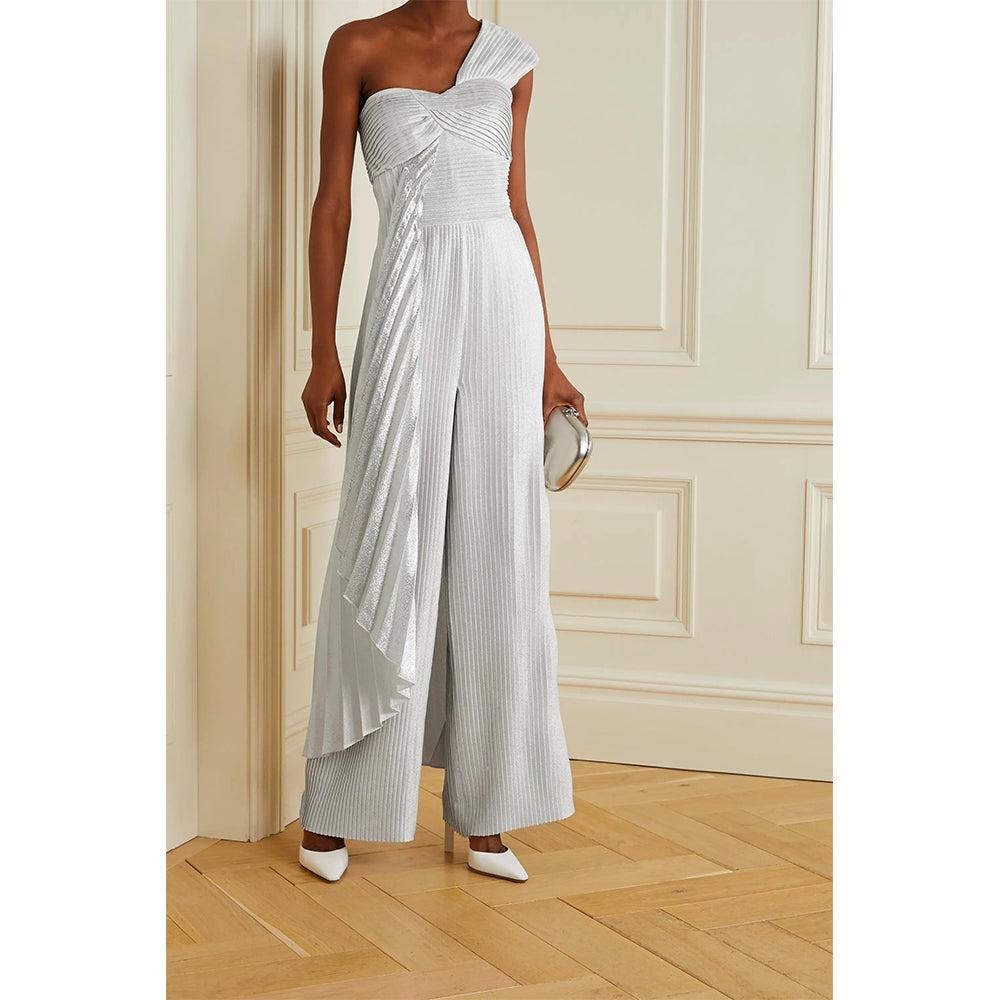 Semsem One-Shoulder Pleated Metallic Silk-Blend Crepe Jumpsuit