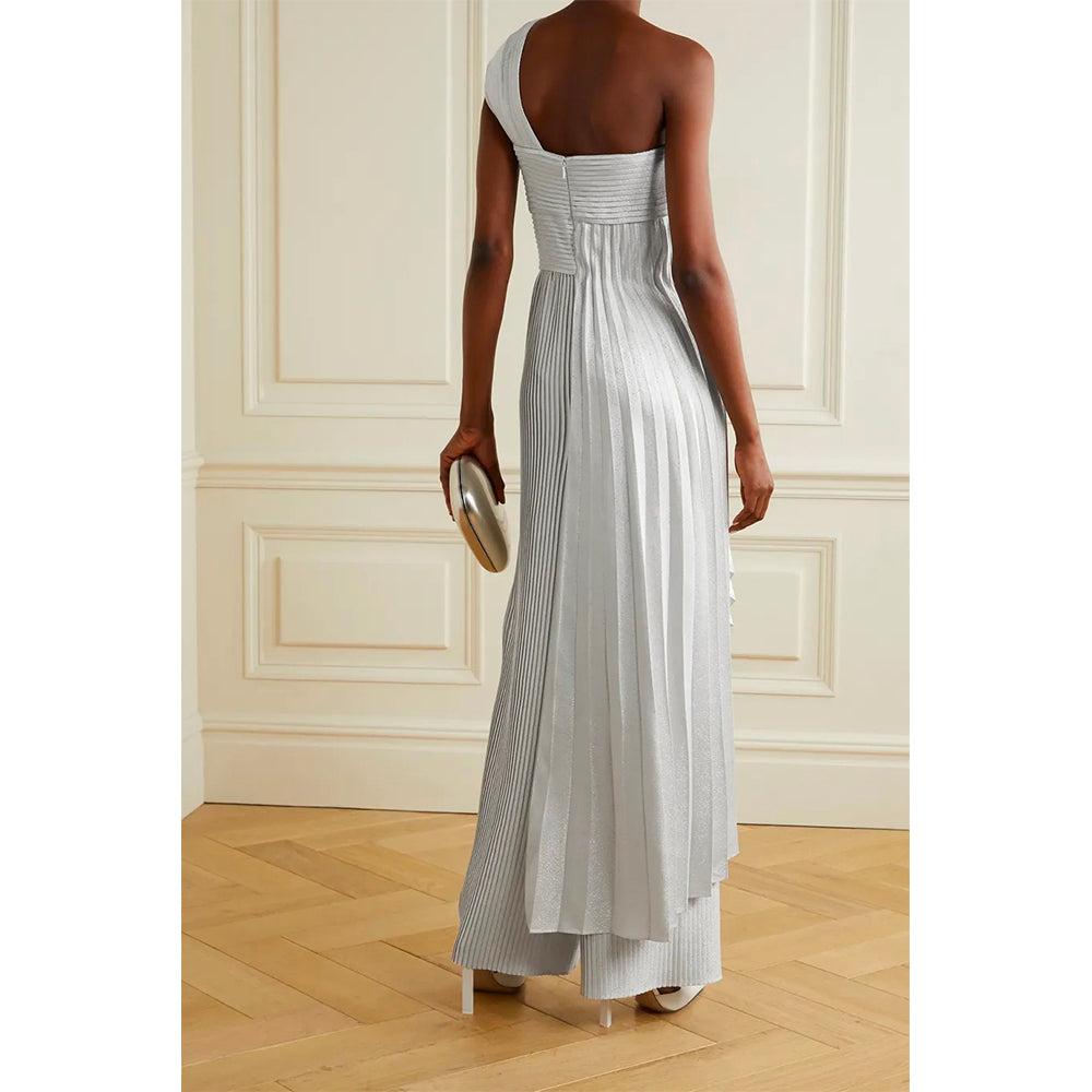 Semsem One-Shoulder Pleated Metallic Silk-Blend Crepe Jumpsuit