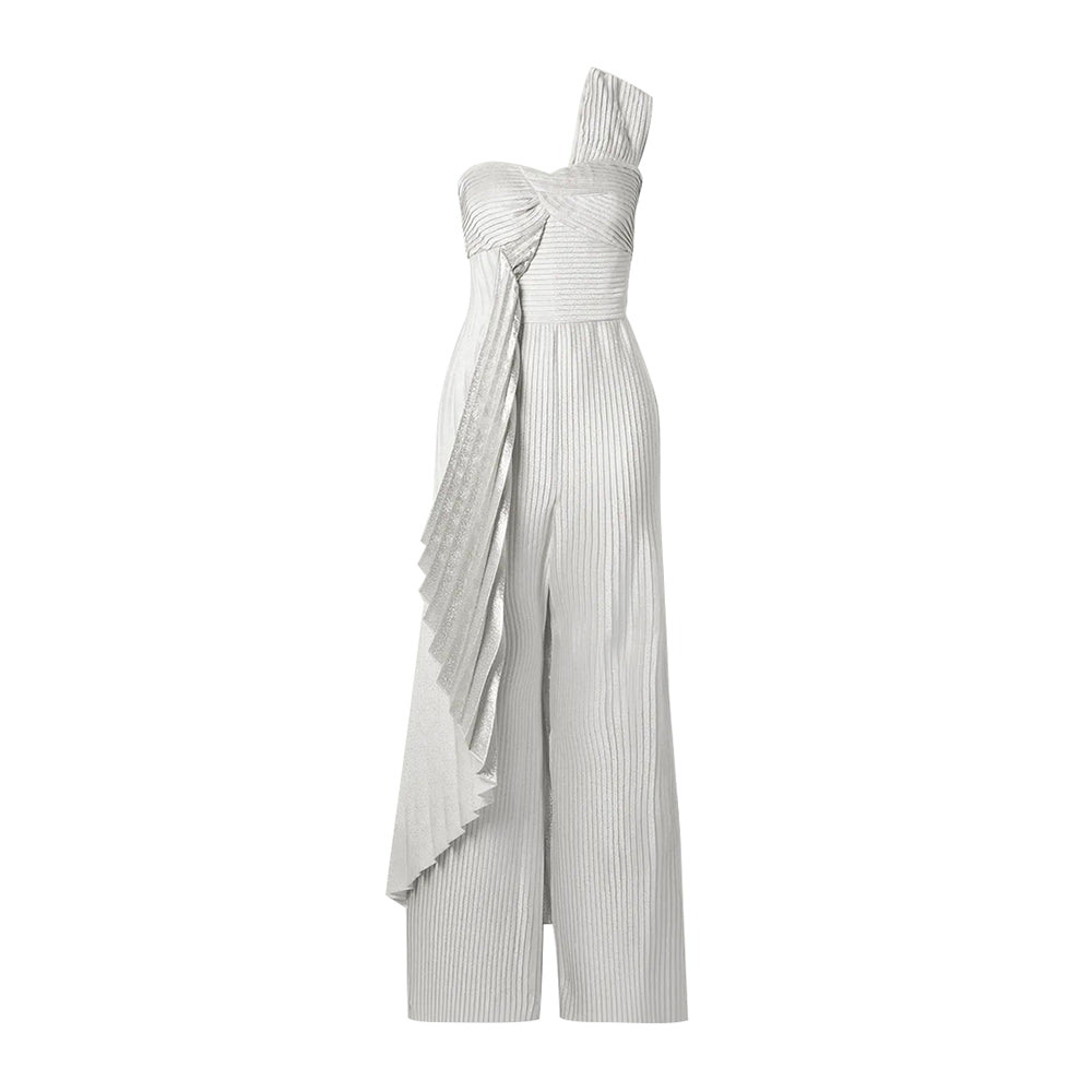 semsem One-Shoulder Pleated Metallic Silk-Blend Crepe Jumpsuit
