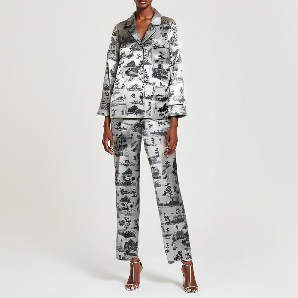 Semsem Printed Silk Pajama Pants With Satin Binding - Ink Print