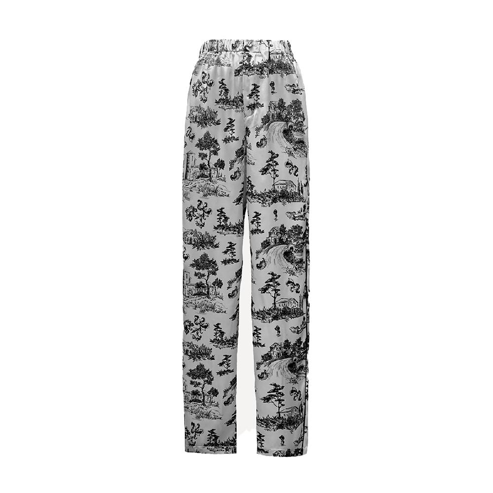 semsem Printed Silk Pajama Pants with Satin Binding - Ink Print