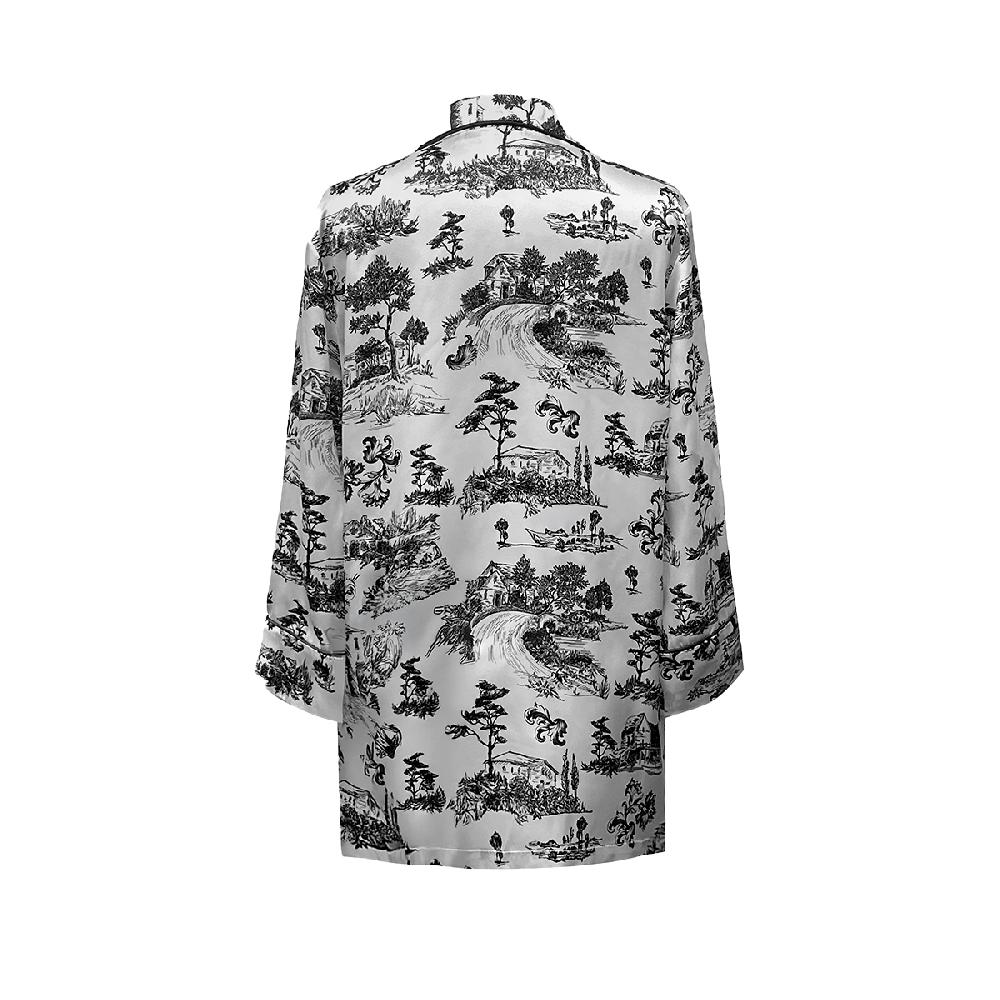 Semsem Printed Silk Pajama Top With Satin Binding - Ink Print
