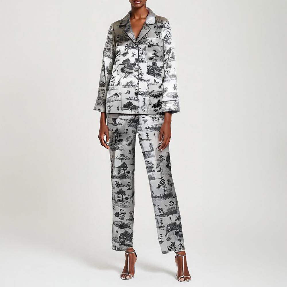 Semsem Printed Silk Pajama Top With Satin Binding - Ink Print