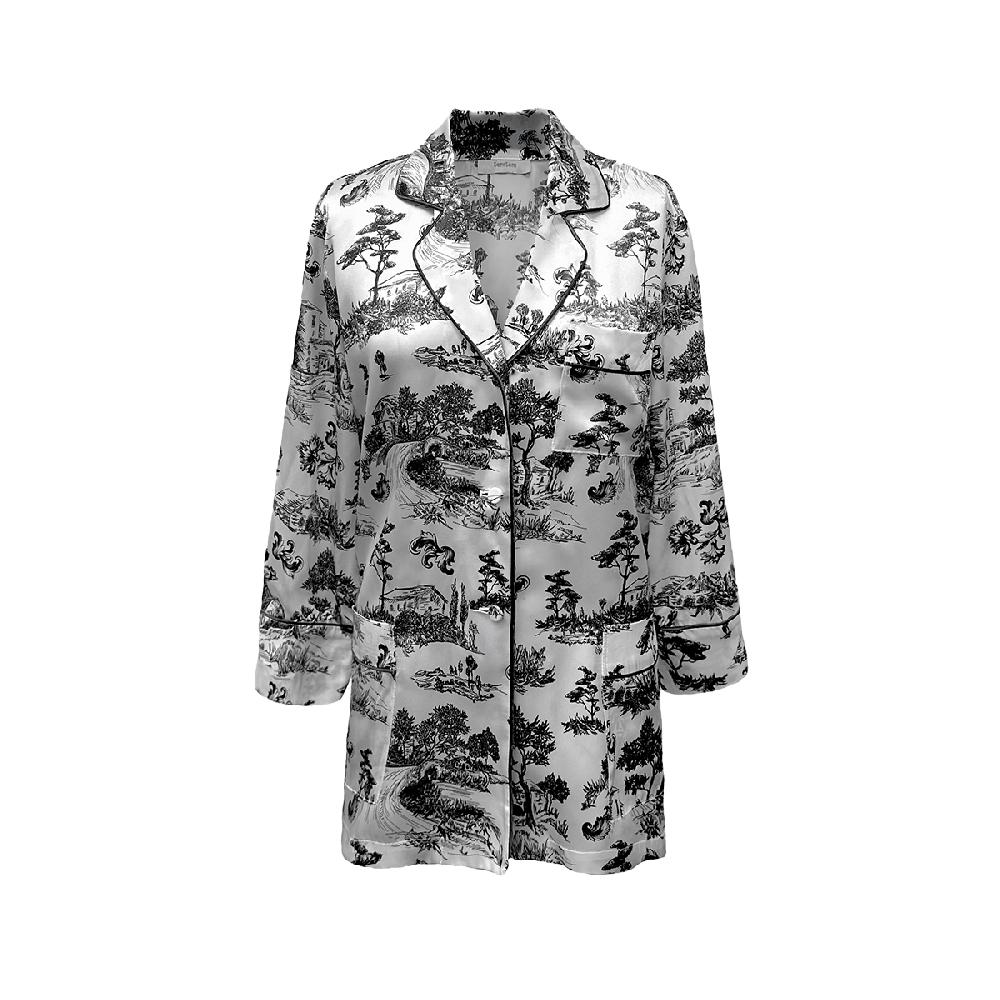 semsem Printed Silk Pajama Top with Satin Binding - Ink Print
