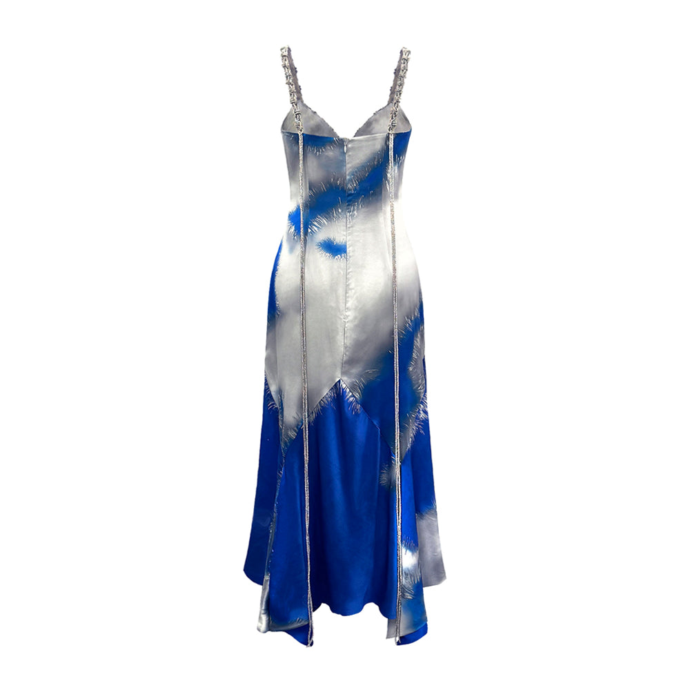 Semsem Printed Silk Slip Dress With Crystal Macramé Detail