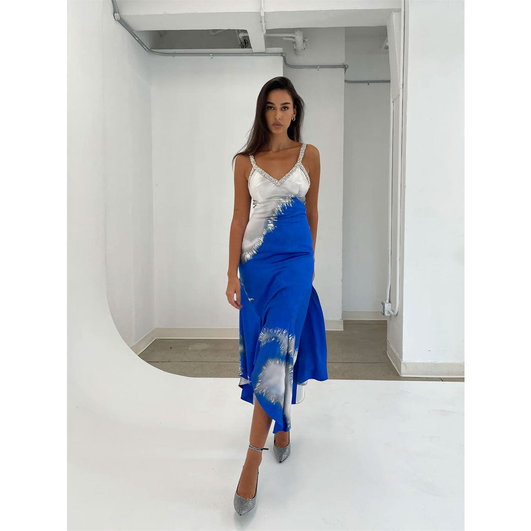 Semsem Printed Silk Slip Dress With Crystal Macramé Detail