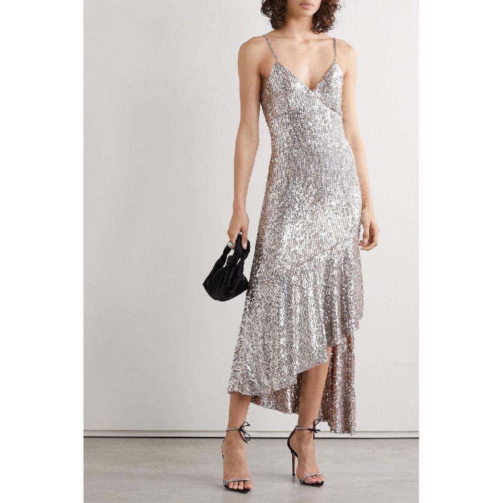 Semsem Asymmetric Sequined Tulle Midi Dress