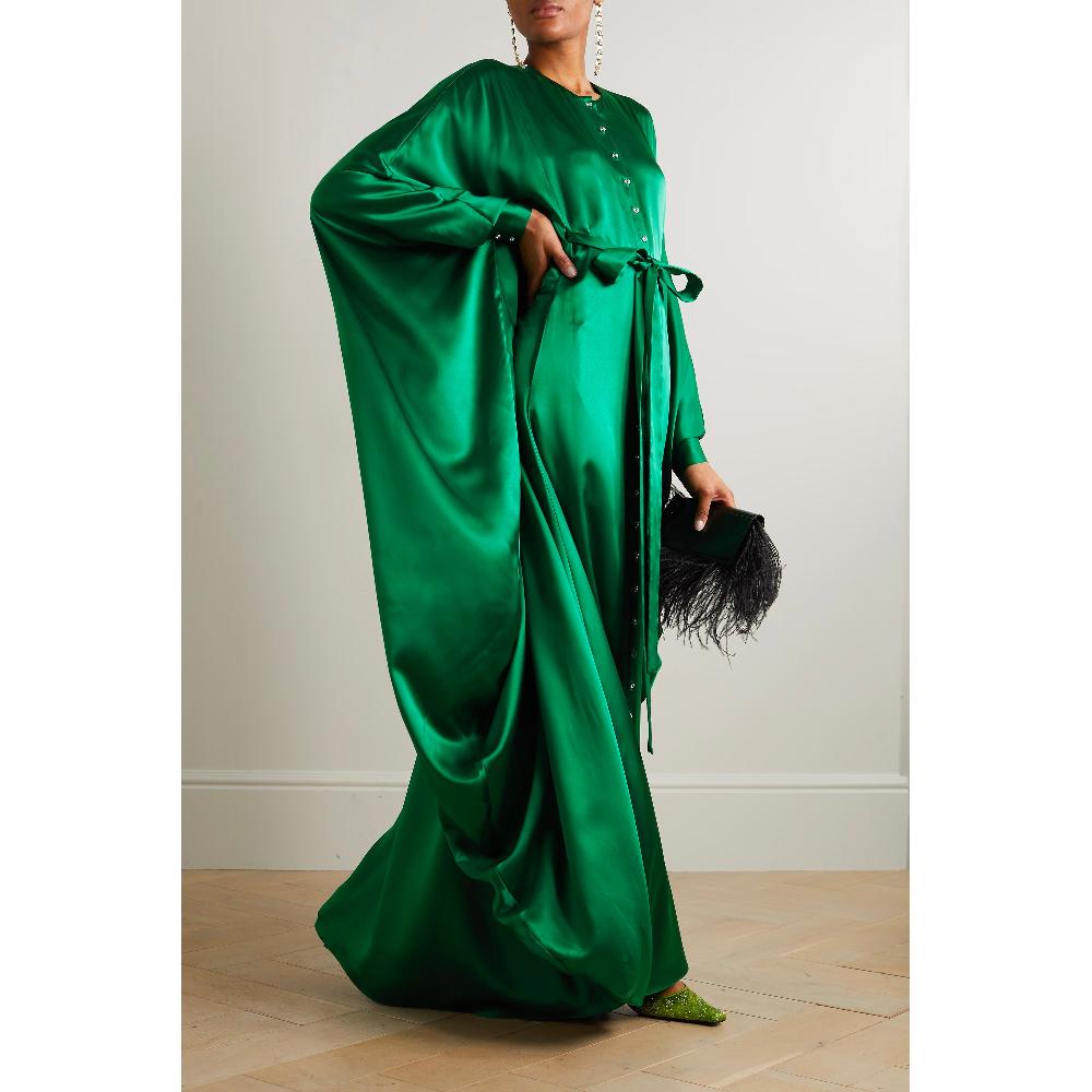 Semsem Belted Button-Embellished Silk Kaftan