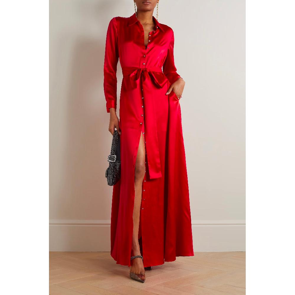 Semsem Belted Button Embellished Silk Shirt Dress