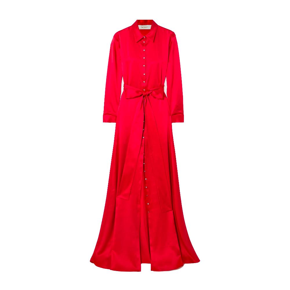 semsem Belted Button Embellished Silk Shirt Dress