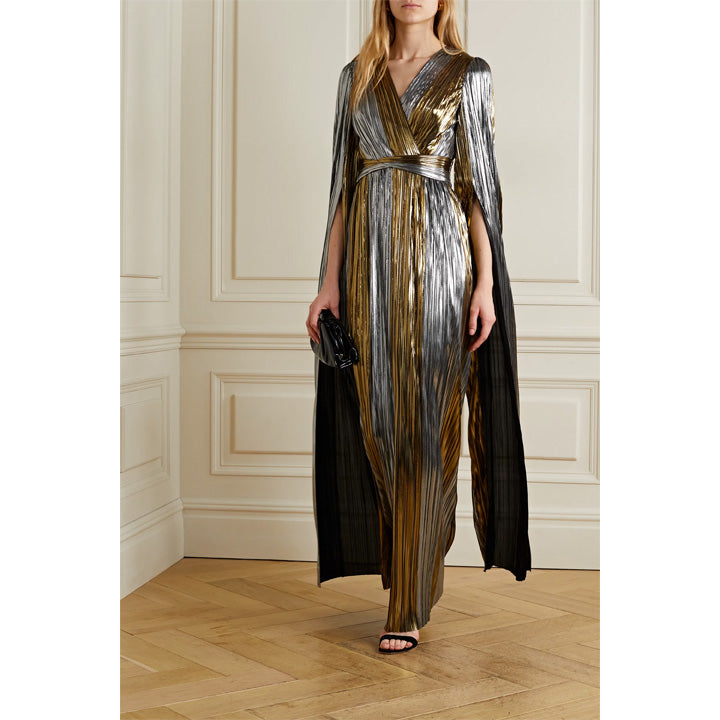 Semsem Cape-Effect Plissé-Lamé Gown