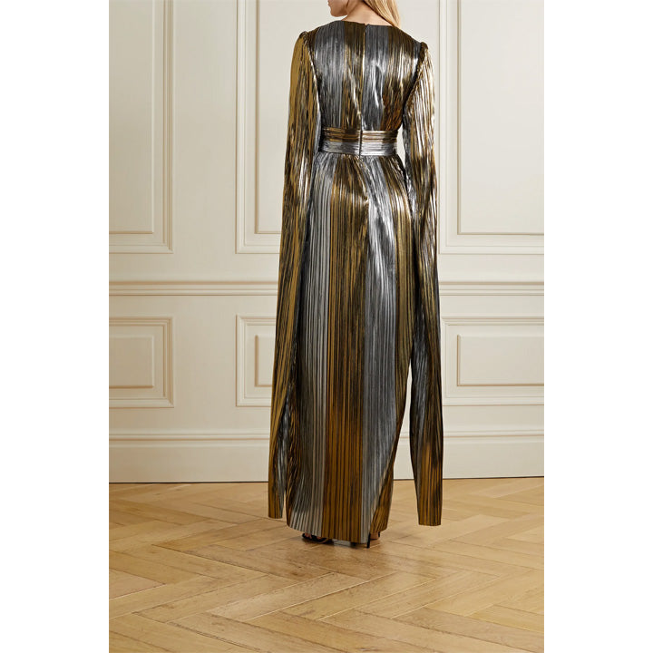 Semsem Cape-Effect Plissé-Lamé Gown
