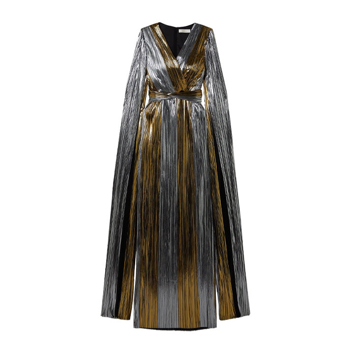 semsem Cape-Effect Plissé-Lamé Gown