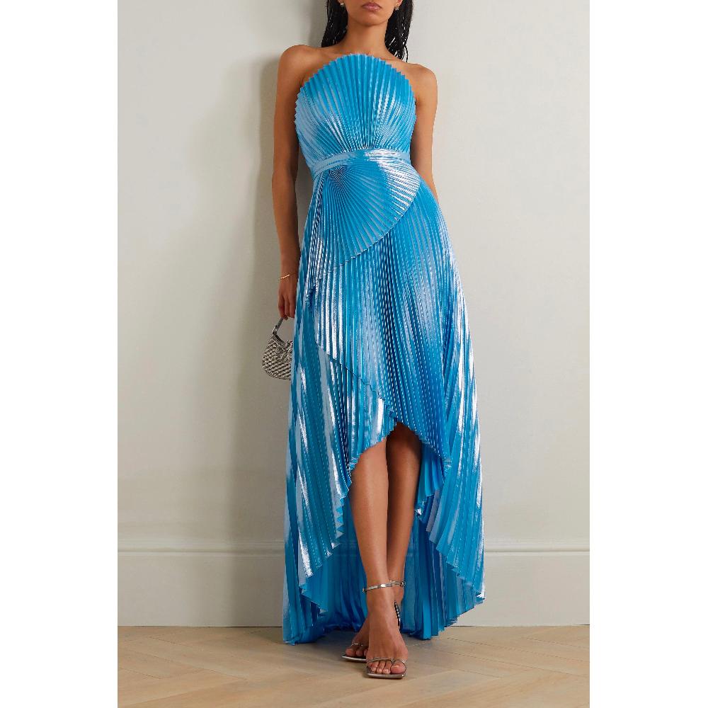 Semsem Capri Draped Plissé-Lamé Gown