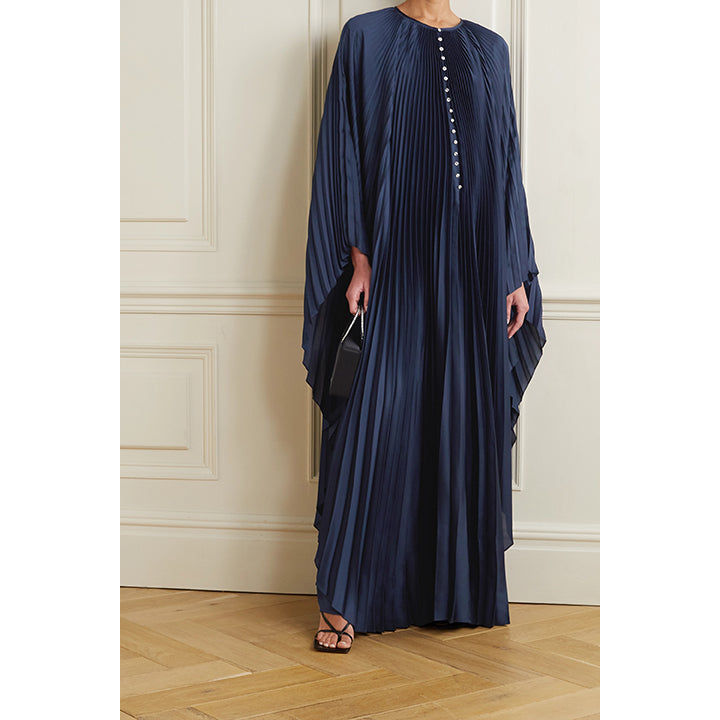 Semsem Crystal Embellished Plissé Satin Maxi Dress