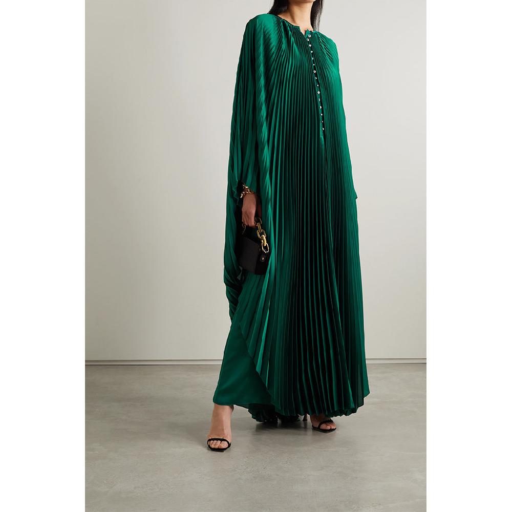 Semsem Crystal-Embellished Plissé-Satin Maxi Dress