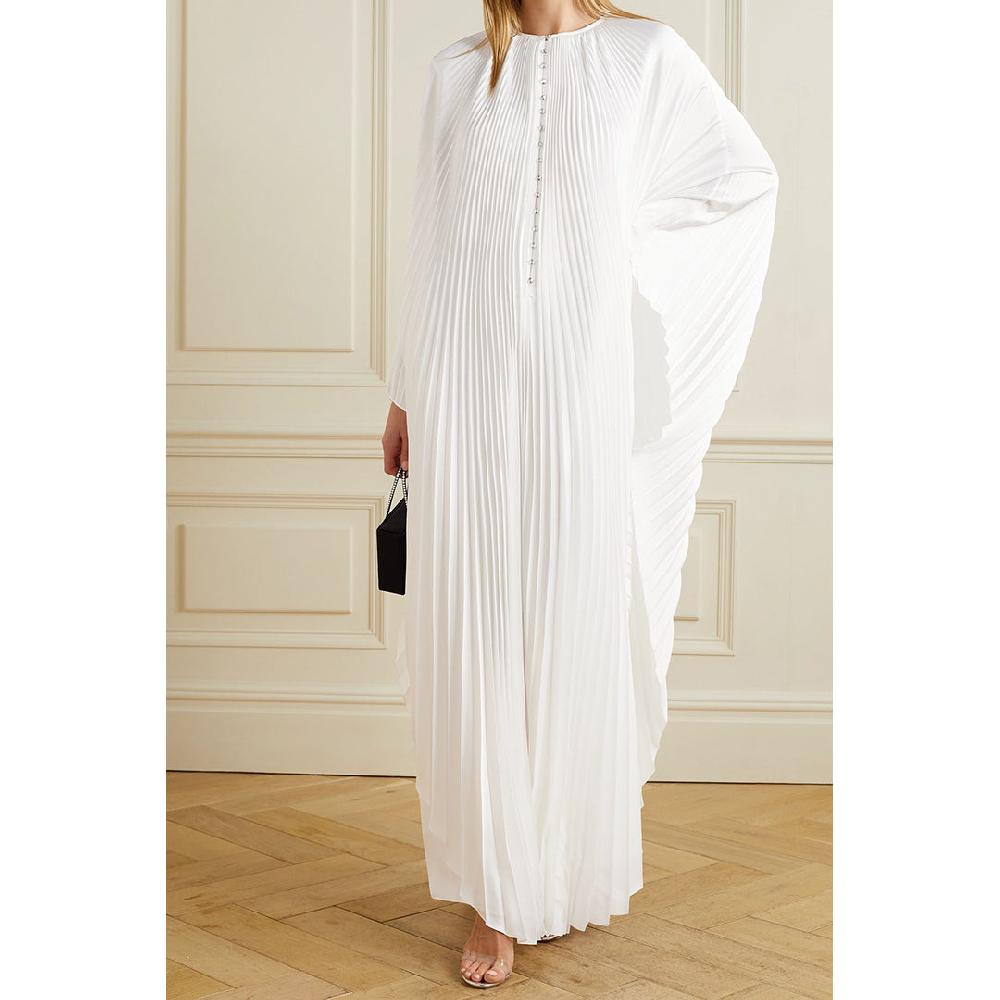 Semsem Crystal Embellished Plissé-Satin Maxi Dress
