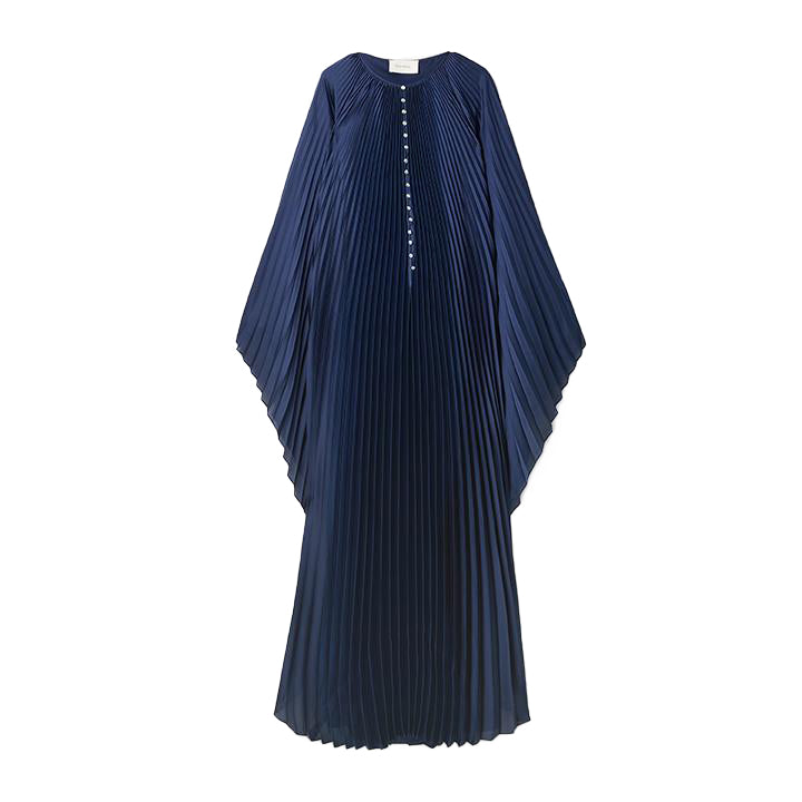 semsem Crystal Embellished Plissé Satin Maxi Dress