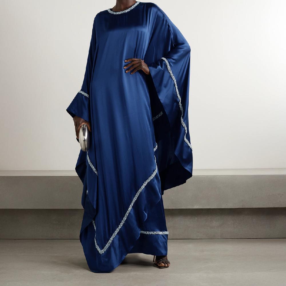 Semsem Crystal Embellished Silk Kaftan-Navy