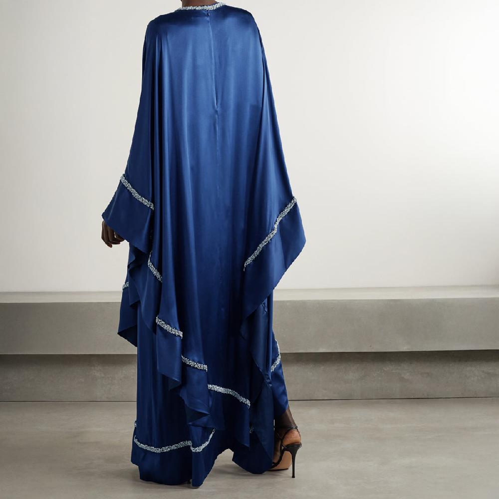 Semsem Crystal Embellished Silk Kaftan-Navy