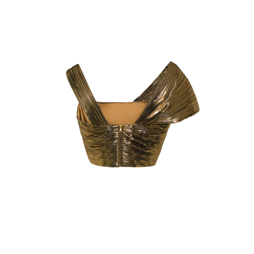 Semsem Draped Metallic Plissé Lamé Top