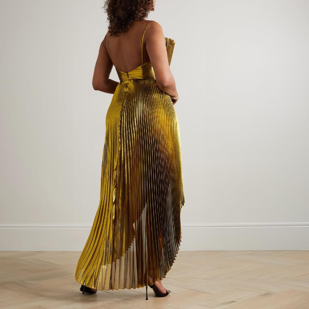 Semsem Draped Silk-blend Plissé-lamé Gown