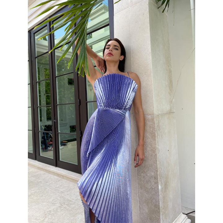 Semsem Draped Silk-Blend Plissé-Lamé Gown