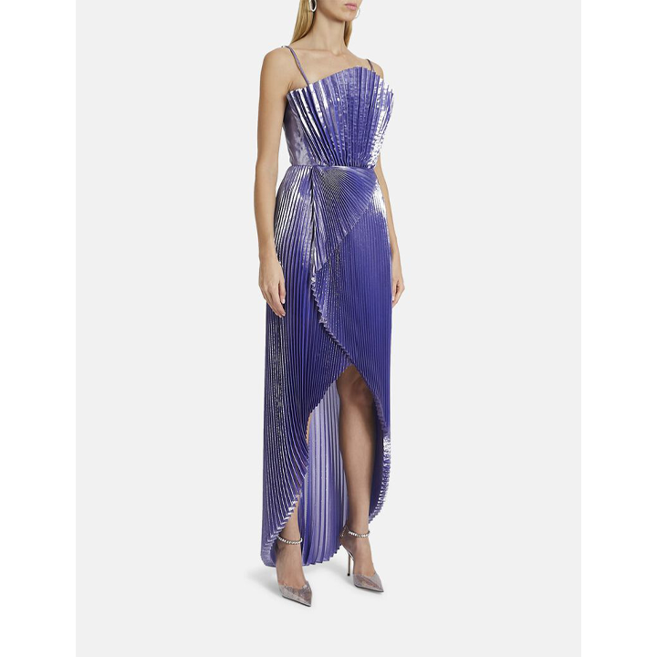 Semsem Draped Silk-Blend Plissé-Lamé Gown