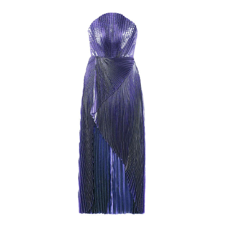 semsem Draped Silk-Blend Plissé-Lamé Gown