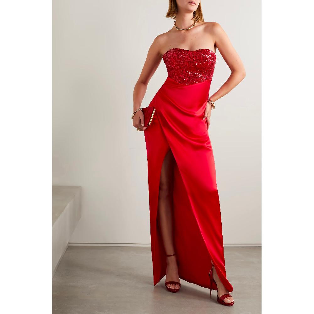 Semsem Gathered Sequin-Embellished Charmeuse Gown