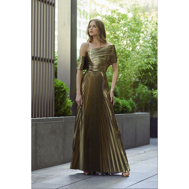 Semsem Gold Metallic Plissé Structured Top
