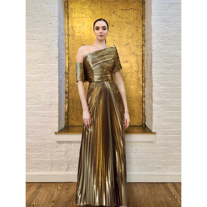 Semsem Gold Metallic Plissé Structured Top