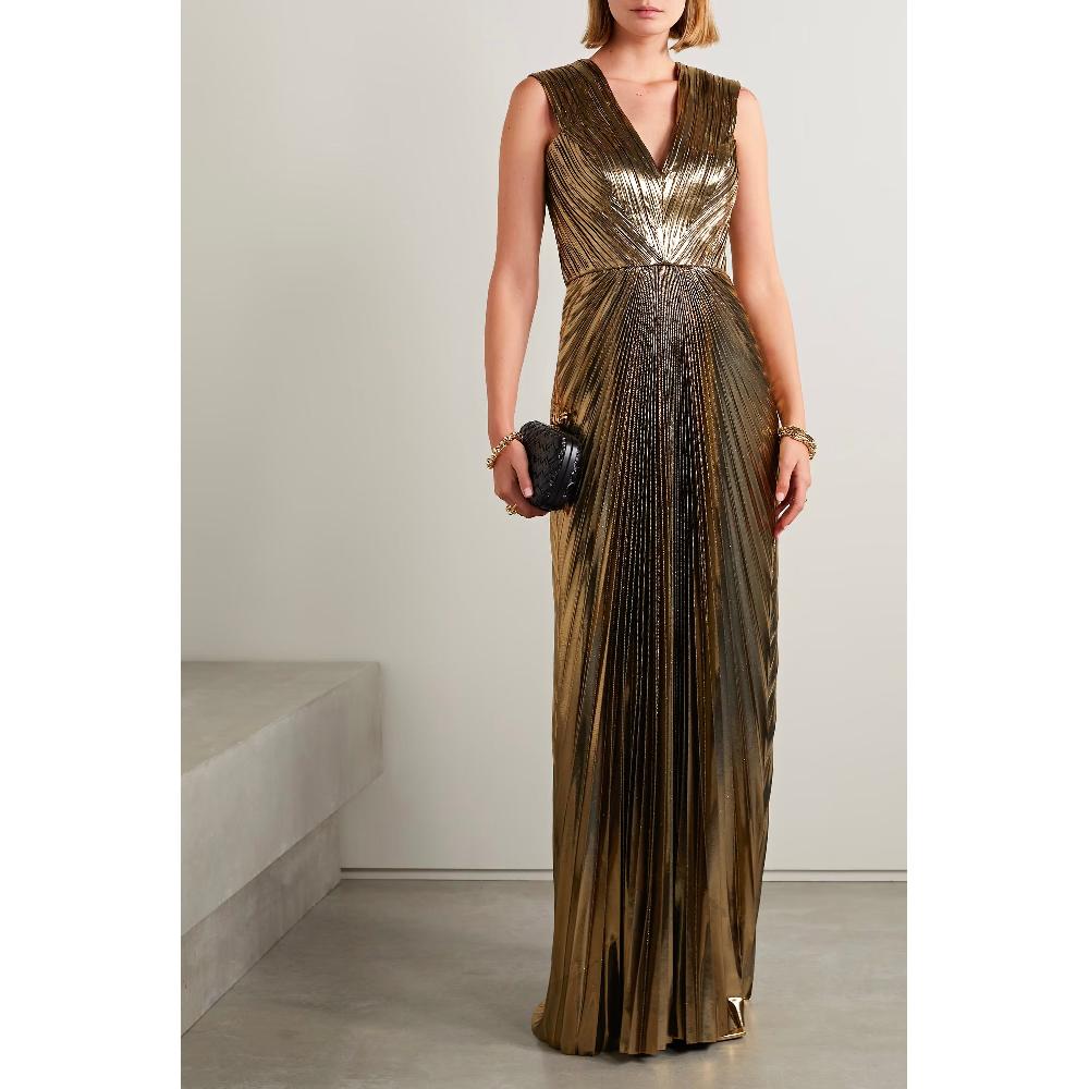 Semsem Gold Pleated Metallic Lamé Gown
