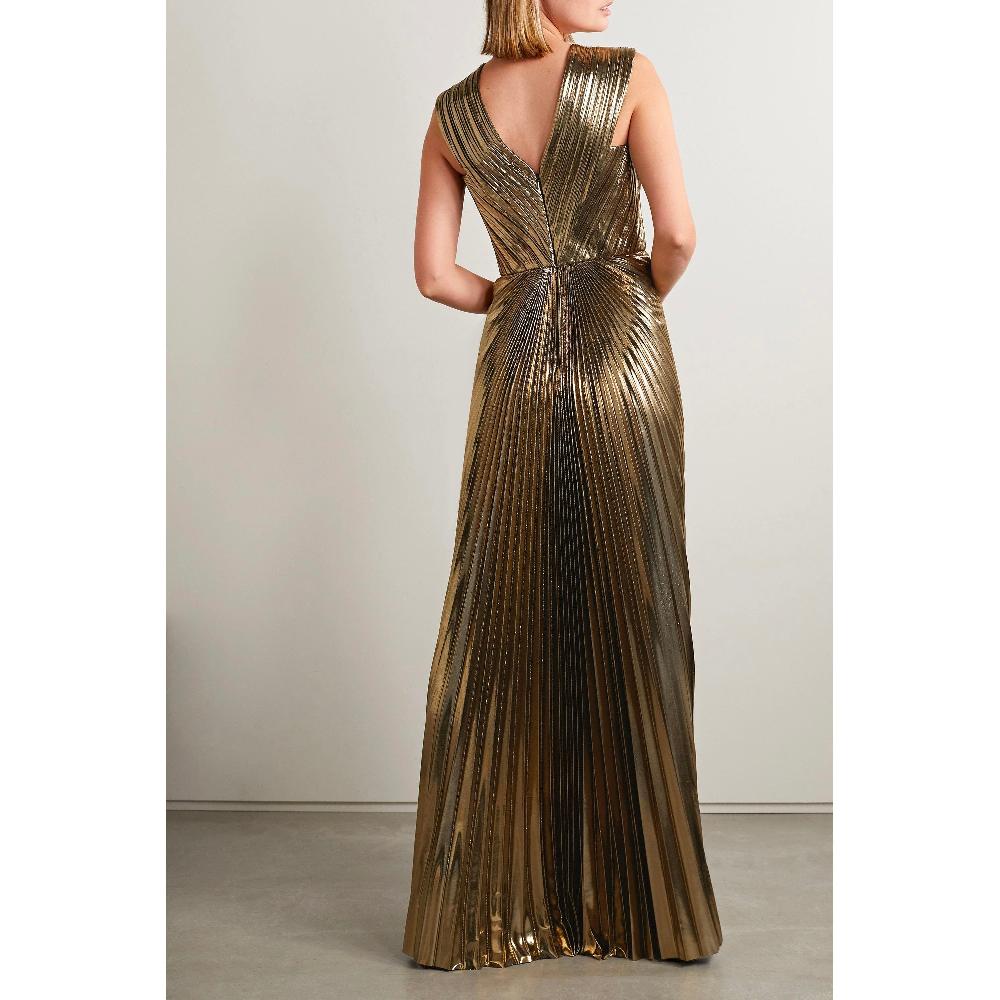 Semsem Gold Pleated Metallic Lamé Gown