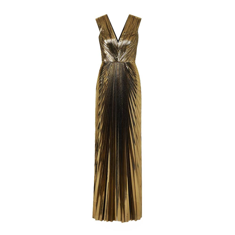 semsem Gold Pleated Metallic Lamé Gown