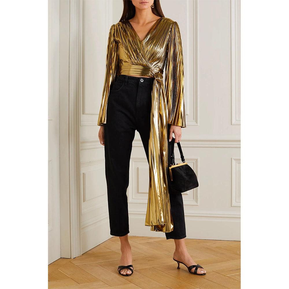 Semsem Gold Plissé Wrap Effect Top