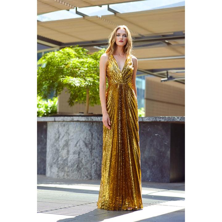 Semsem Gold Sequin Sunray Gown