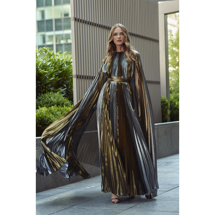 Semsem Metallic Plissé Cape Back Gown